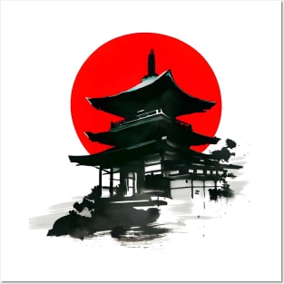 Japanese Temple With Red Circle Sumi e Ink Art Posters and Art